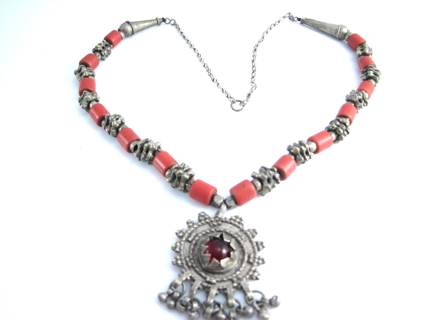 Vintage Yemeni Bedouin Necklace with Silver and Coral Colored Trade Beads - Anteeka