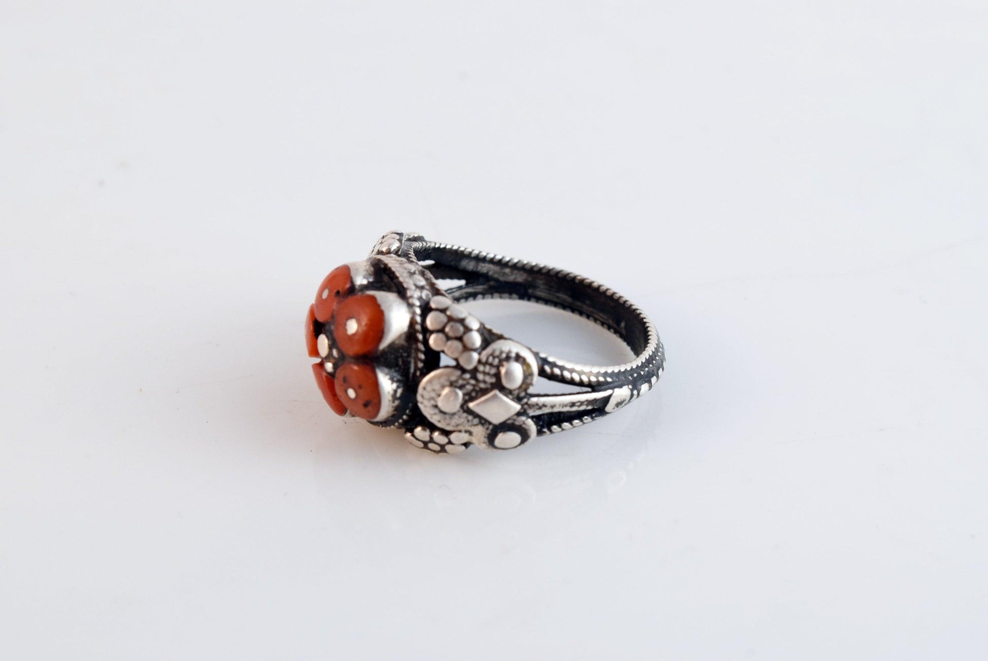 silver and coral ring