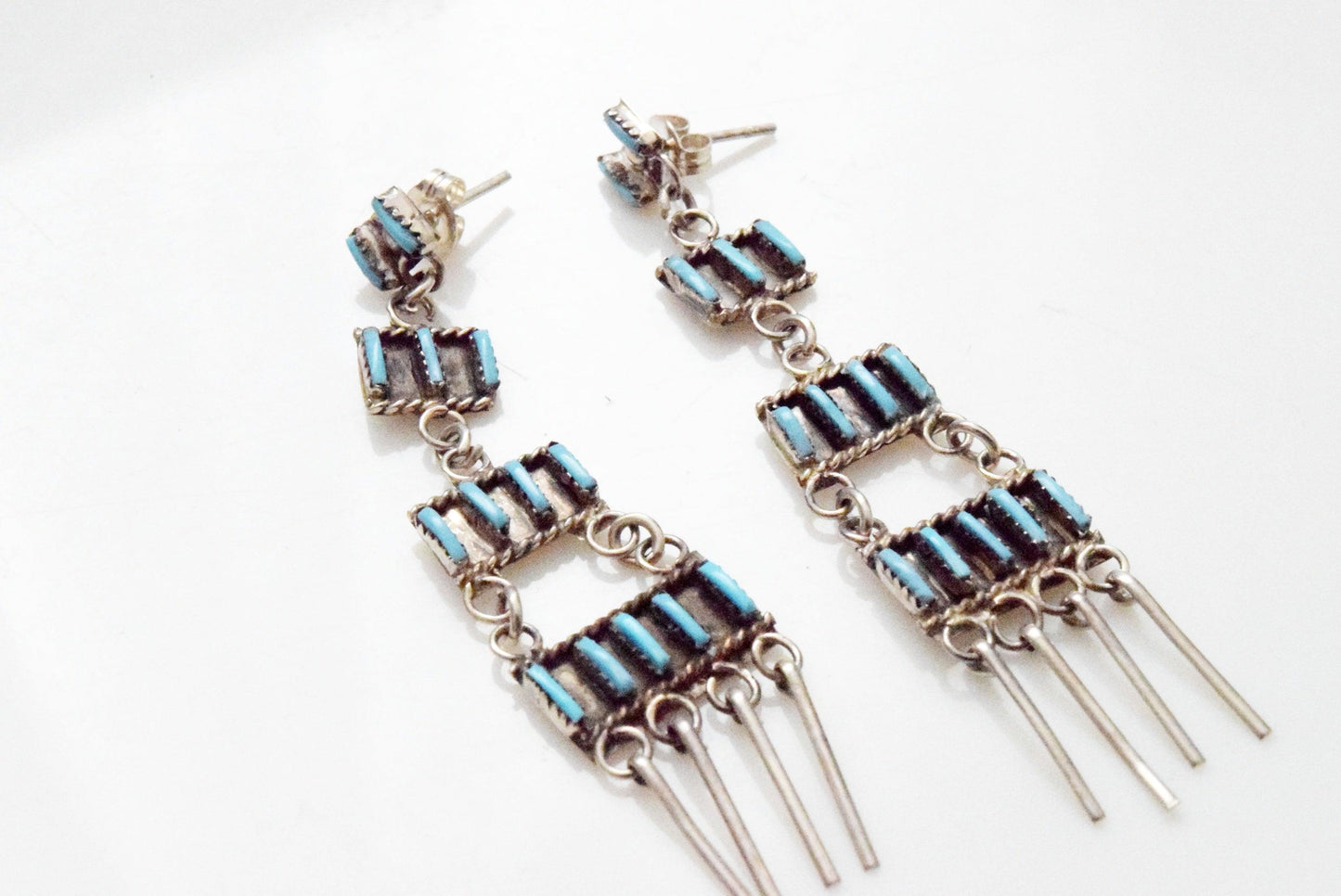 Vintage Zuni Needlework Turquoise Dangle Earrings by Ophelia Soseeah - Anteeka