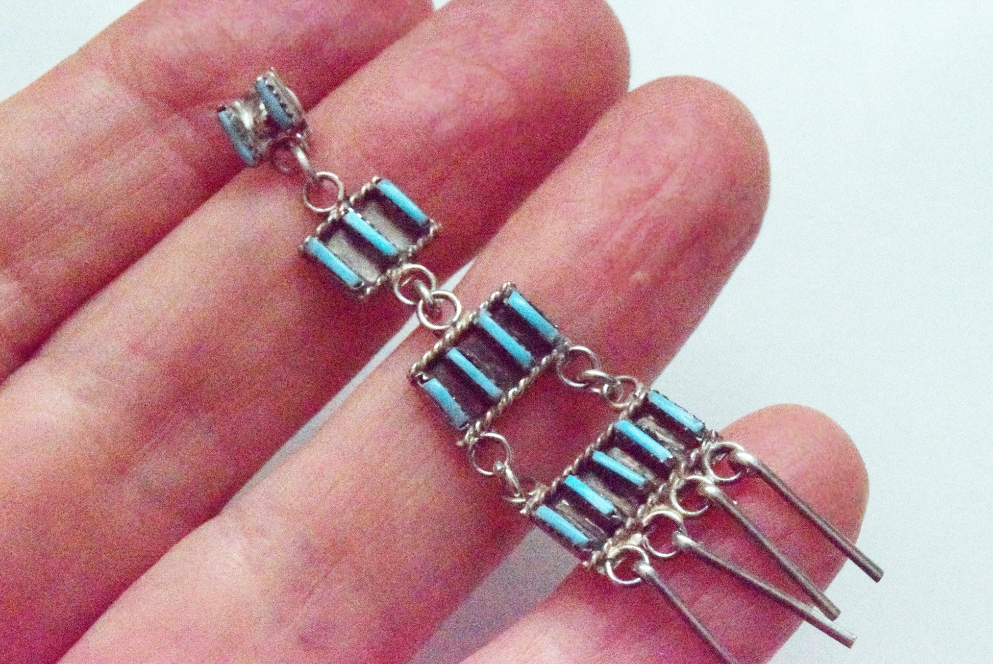 Vintage Zuni Needlework Turquoise Dangle Earrings by Ophelia Soseeah - Anteeka