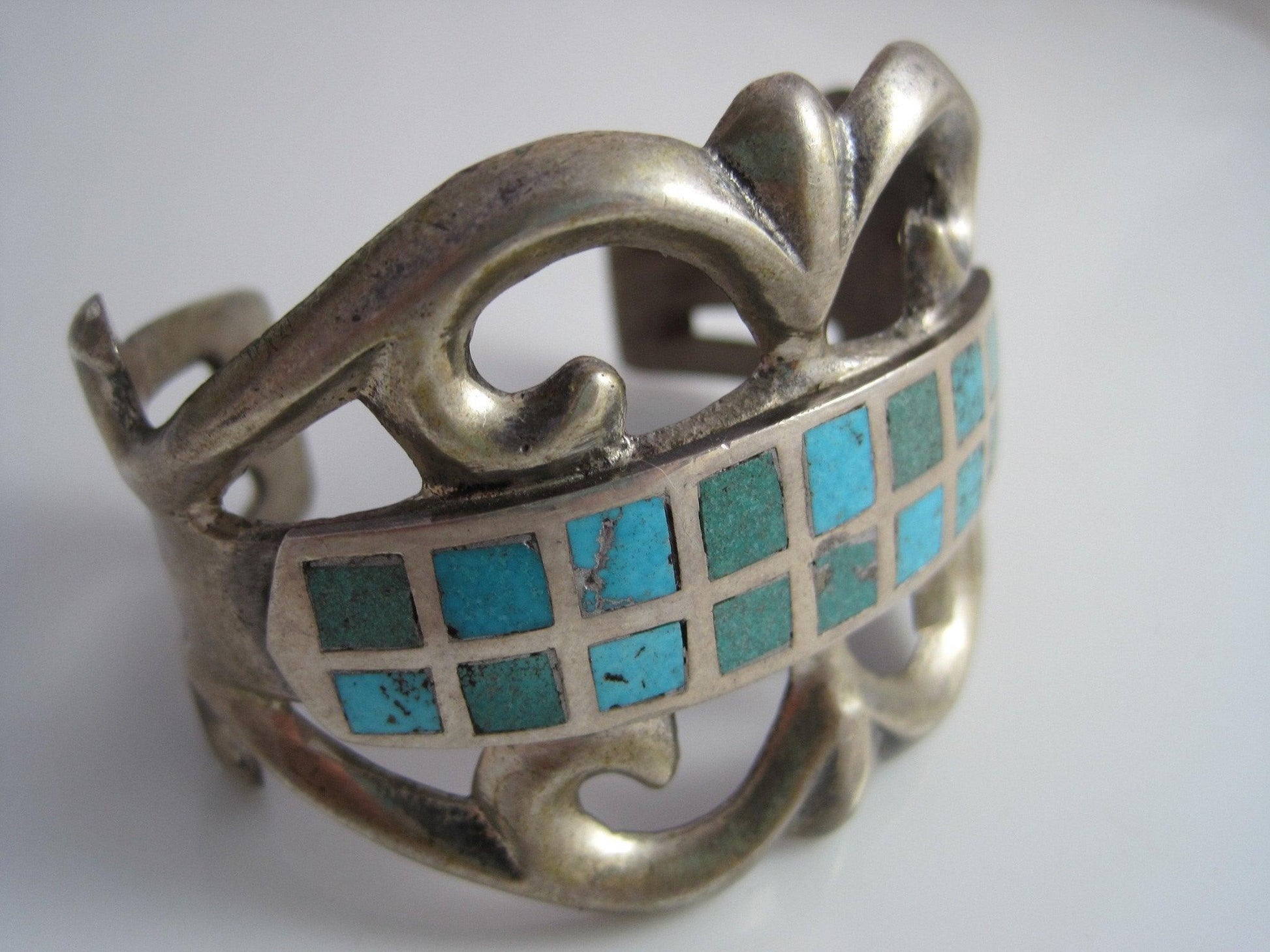 Vintage Zuni Sandcast Inlay Turquoise Cuff Bracelet - Anteeka