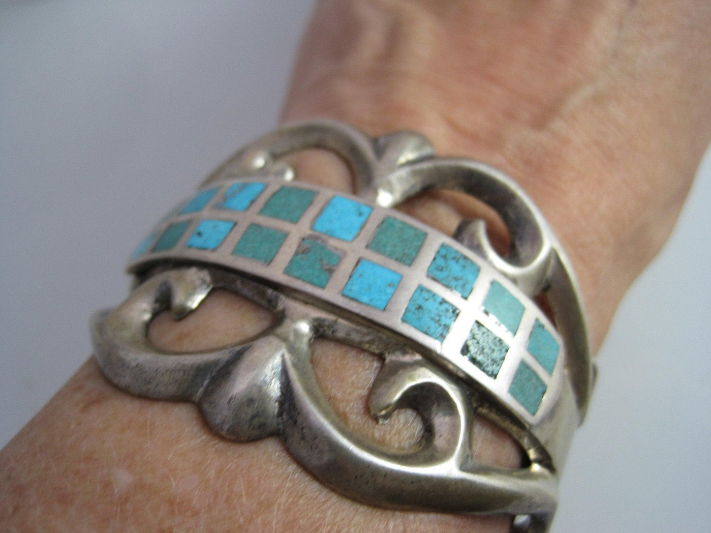 Vintage Zuni Sandcast Inlay Turquoise Cuff Bracelet - Anteeka