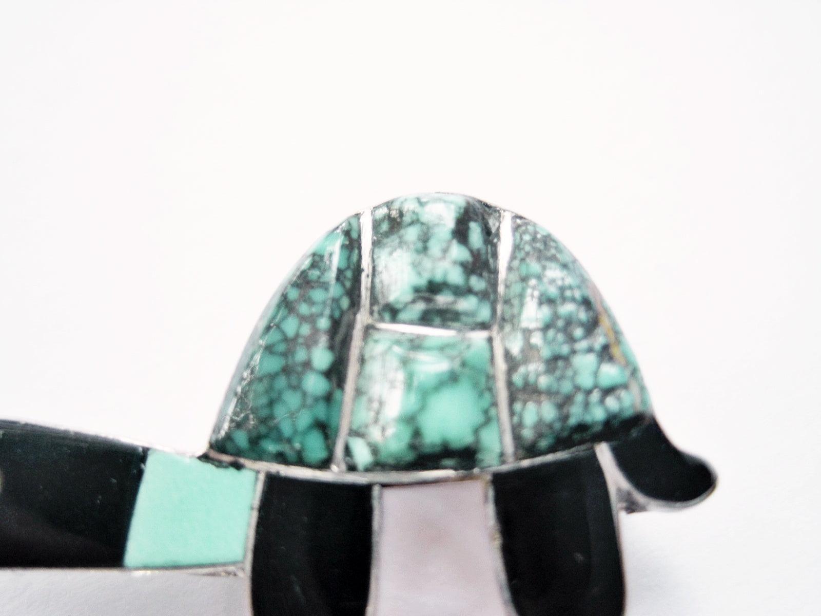 Vintage Zuni Silver and Turquoise Inlay Turtle Brooch - Anteeka
