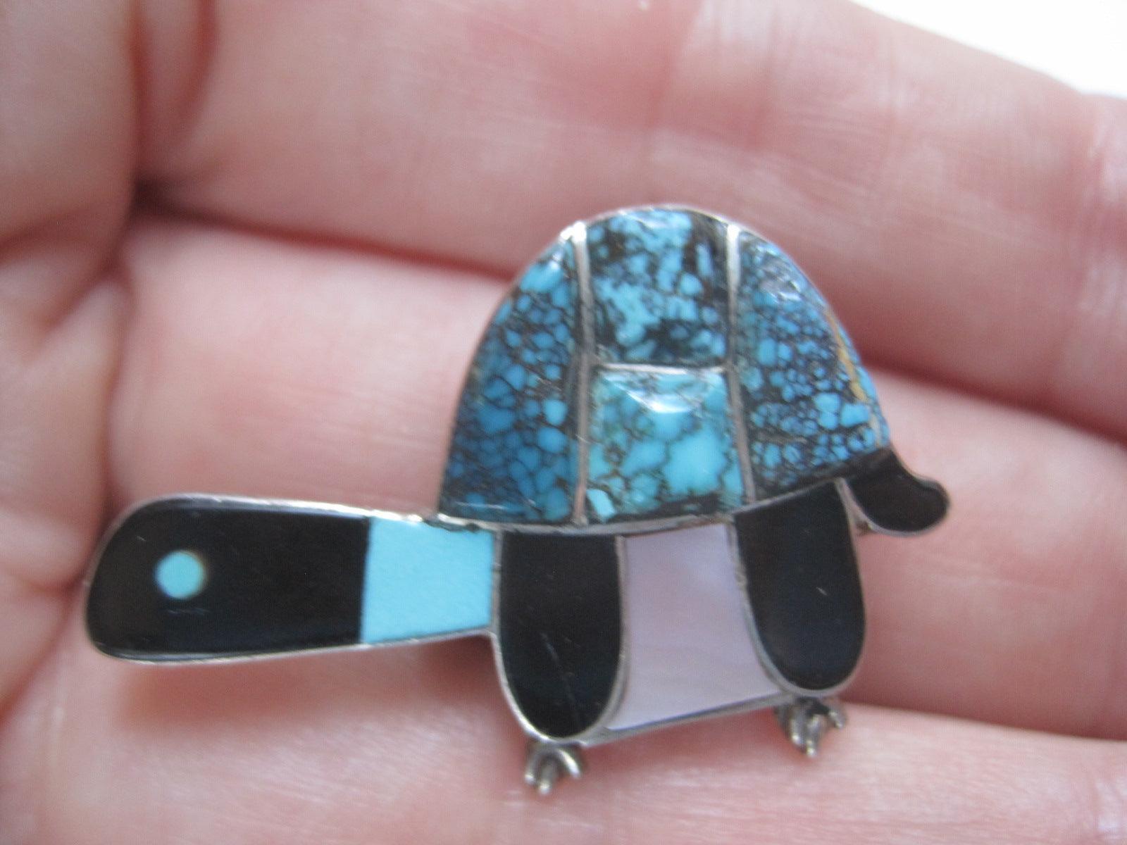 Vintage Zuni Silver and Turquoise Inlay Turtle Brooch - Anteeka