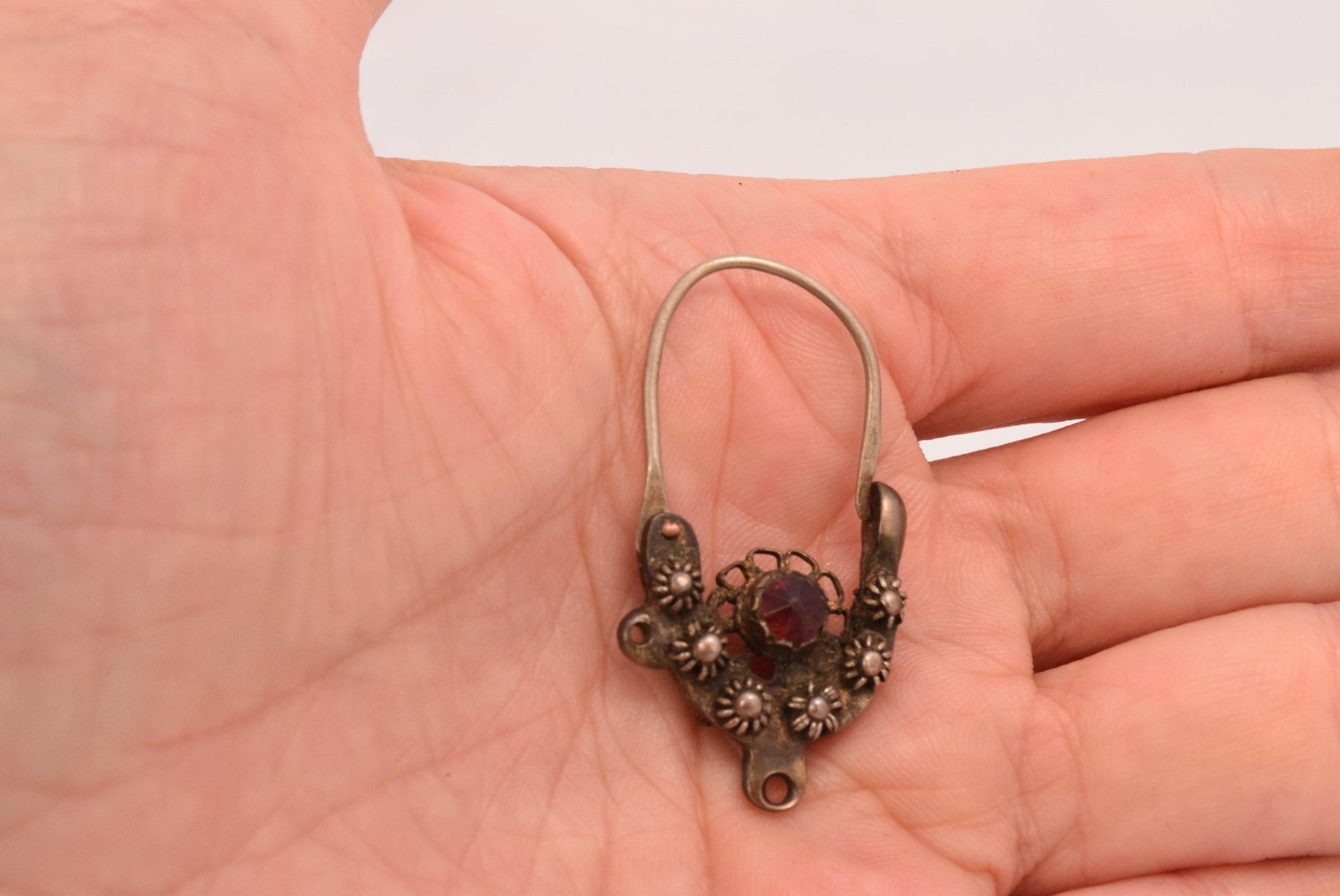 Antique Balkan Silver Earrings with Faceted Red Stone - Anteeka