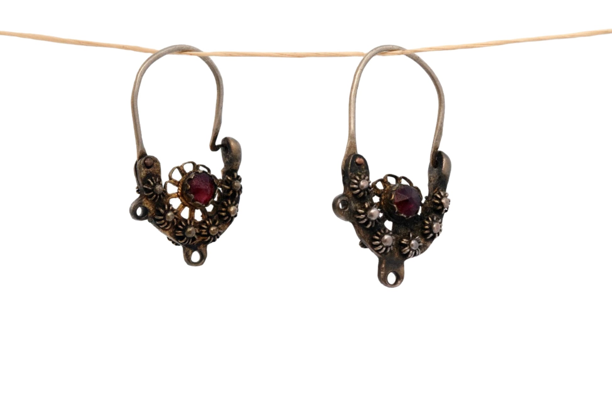 Antique Balkan Silver Earrings with Faceted Red Stone - Anteeka