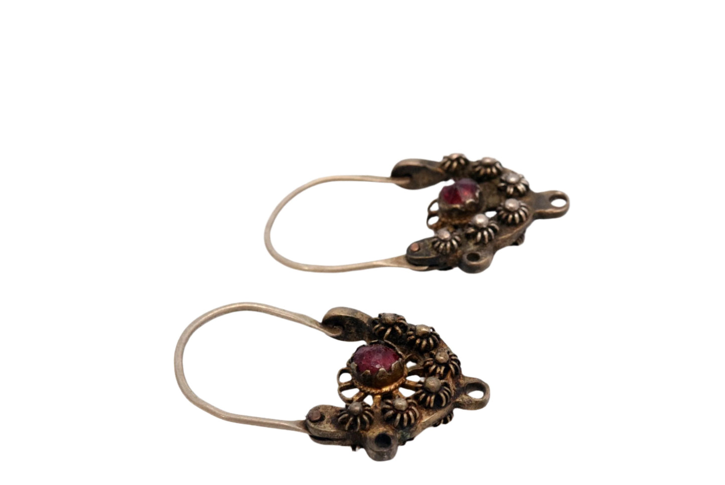 Antique Balkan Silver Earrings with Faceted Red Stone - Anteeka