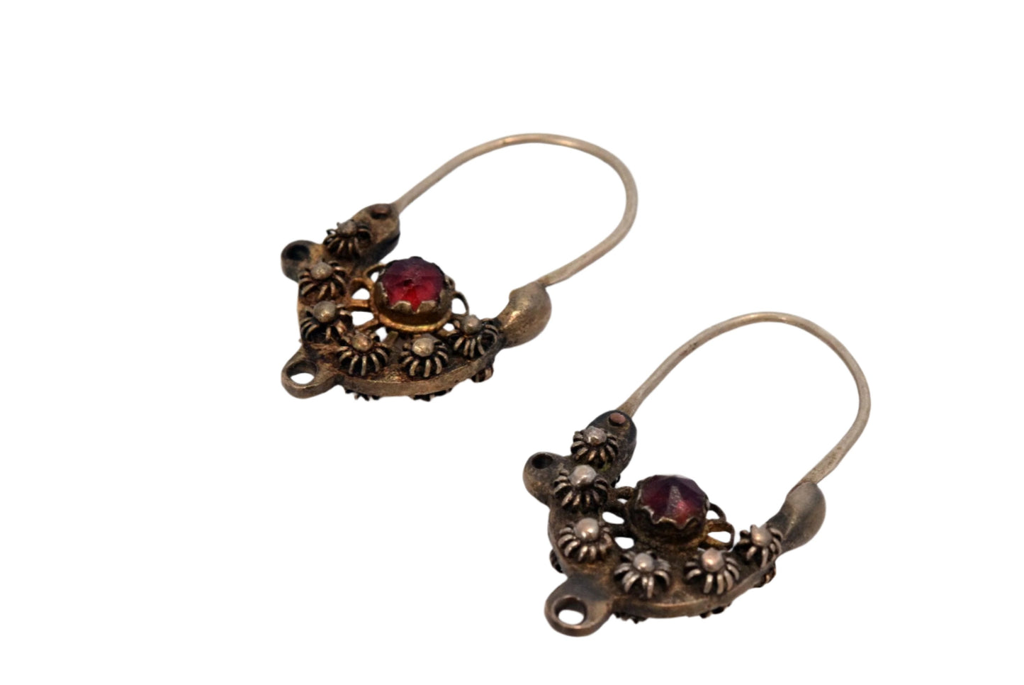 Antique Balkan Silver Earrings with Faceted Red Stone - Anteeka